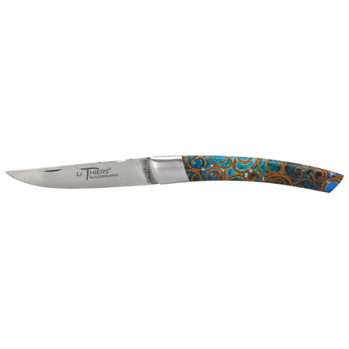 Couteau artisanal Le Thiers 1 Pièce Cannelle Turquoise & Mitre Inox Chevalerias – Acier 12C27
