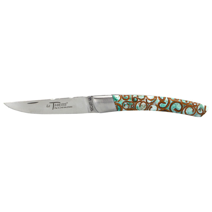 Couteau artisanal Le Thiers 1 Pièce Cannelle Vert & Mitre Inox Chevalerias – Acier 12C27