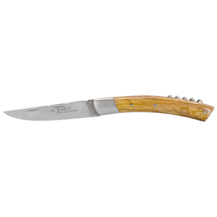 Couteau artisanal Le Thiers 2 Pièces Bois d'Olivier & Tire-Bouchon Chevalerias – Acier 12C27