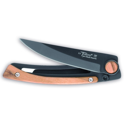 Couteau LE THIERS C.DOZORME. Manche inox noir et habillage bois d'olivier. en vente sur Timeless Spirit