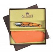  Coffret cadeau comprenant 1 Couteau Le THIERS  AU SABOT manche décoration orange torsade et 1 étui en cuir orange