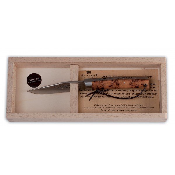 Couteau L'Alpin manche olivier avec lien ressort guilloché main, en plumier  AU SABOT