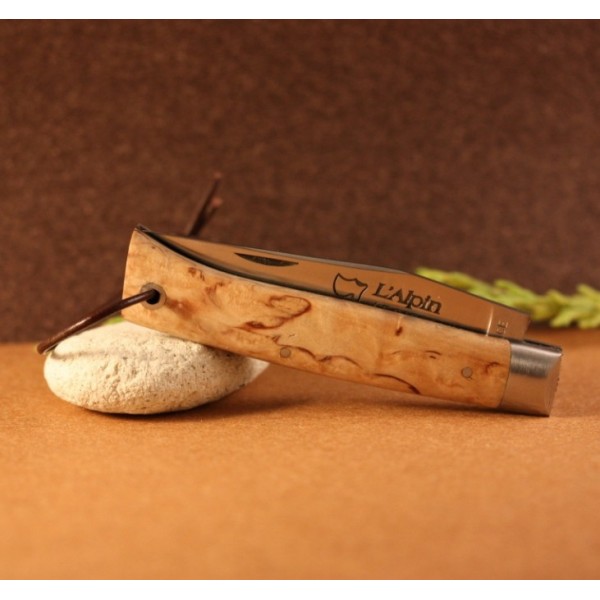 Couteau L'Alpin manche bouleau de Finlande avec lien ressort guilloché main, en plumier  AU SABOT