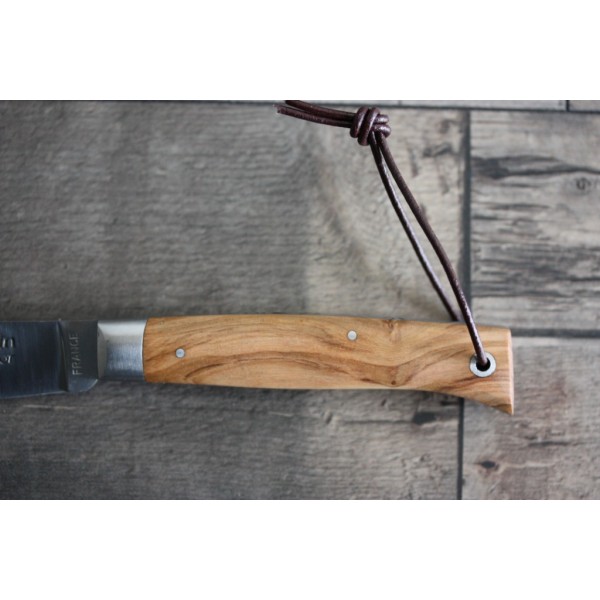 Couteau L'Alpin manche olivier avec lien ressort guilloché main, en plumier  AU SABOT